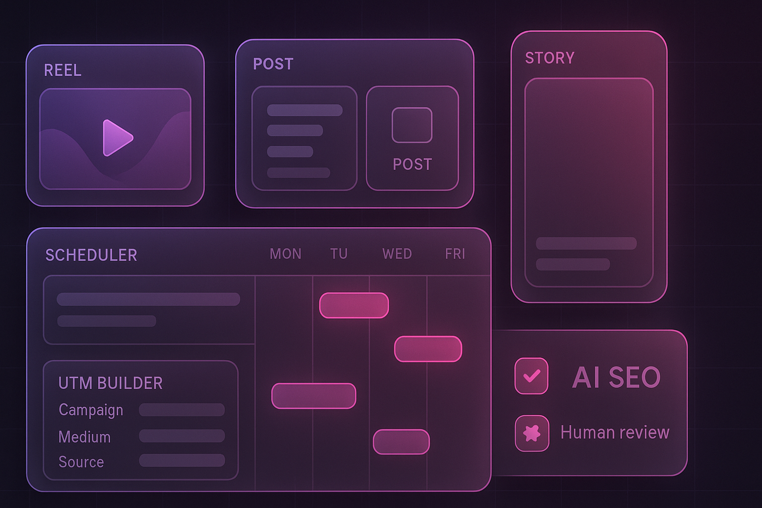 AI Social Ops – Multiformat-Posts, Scheduling und UTM-Tracking mit Human-Review
